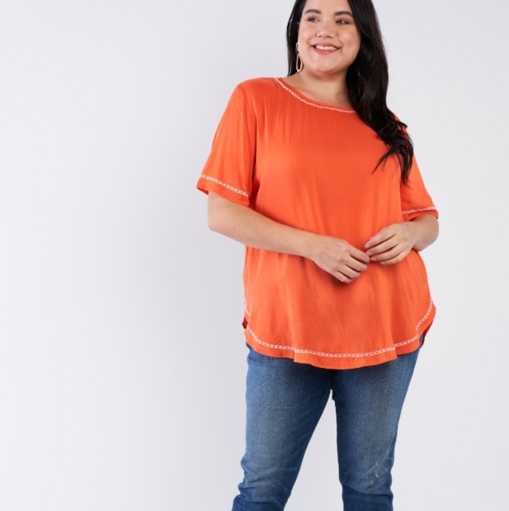 Plus Size Tangerine Orange Embroidered Hem Short Sleeve Top